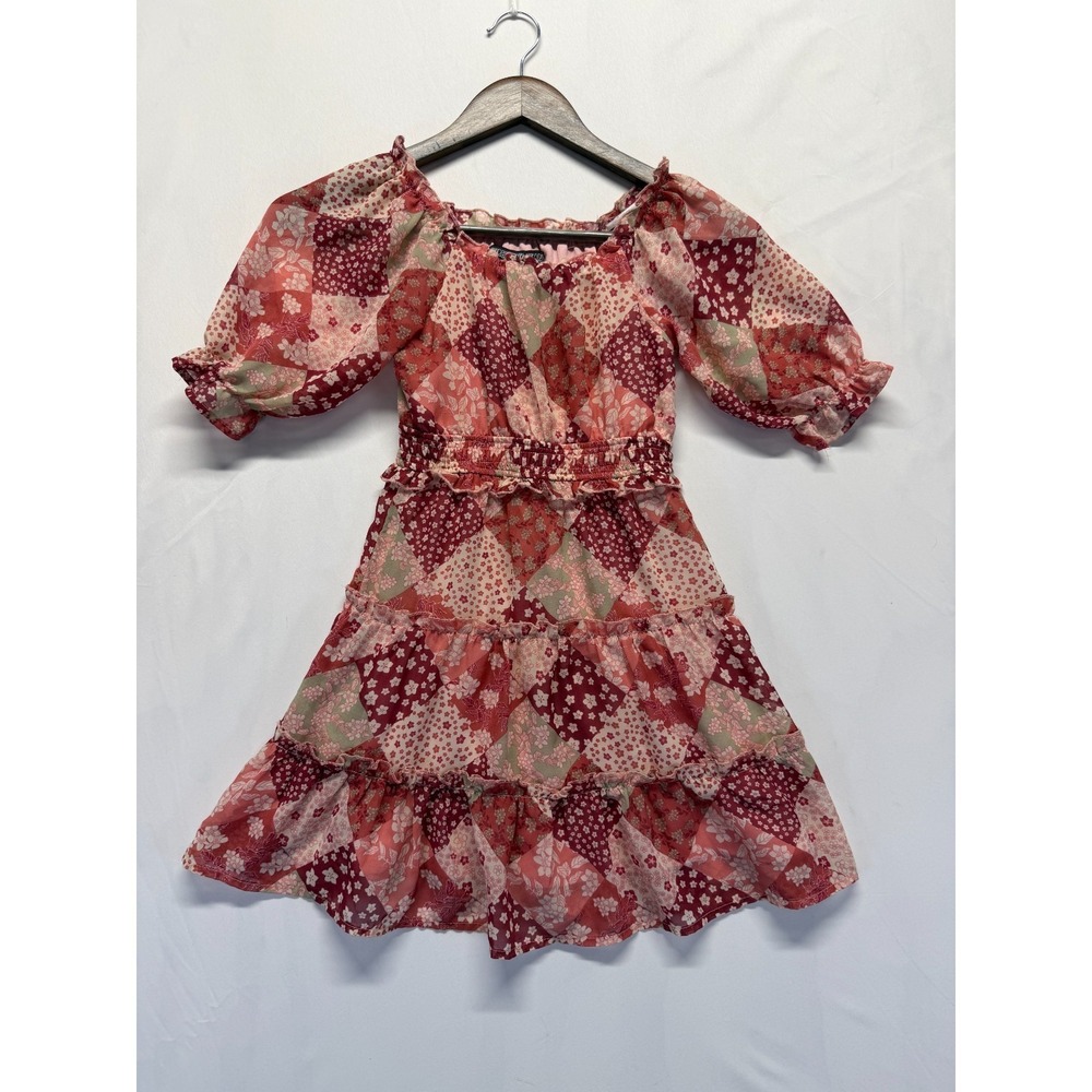 Three Pink Heart Mini Dress Women's Small Multicolor‎ Floral Tiered Round Neck
